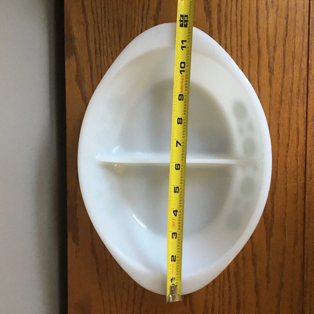 Glasbake Divided Serving Dish 12in White Excellent Green Pinwheel Fan J2352 MCM